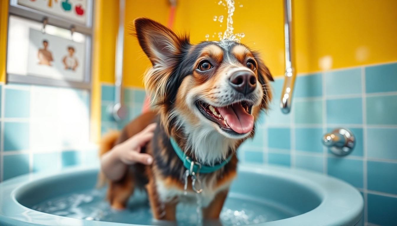 Dog wash near me featuring a happy dog being washed in a modern, bright dog wash station.