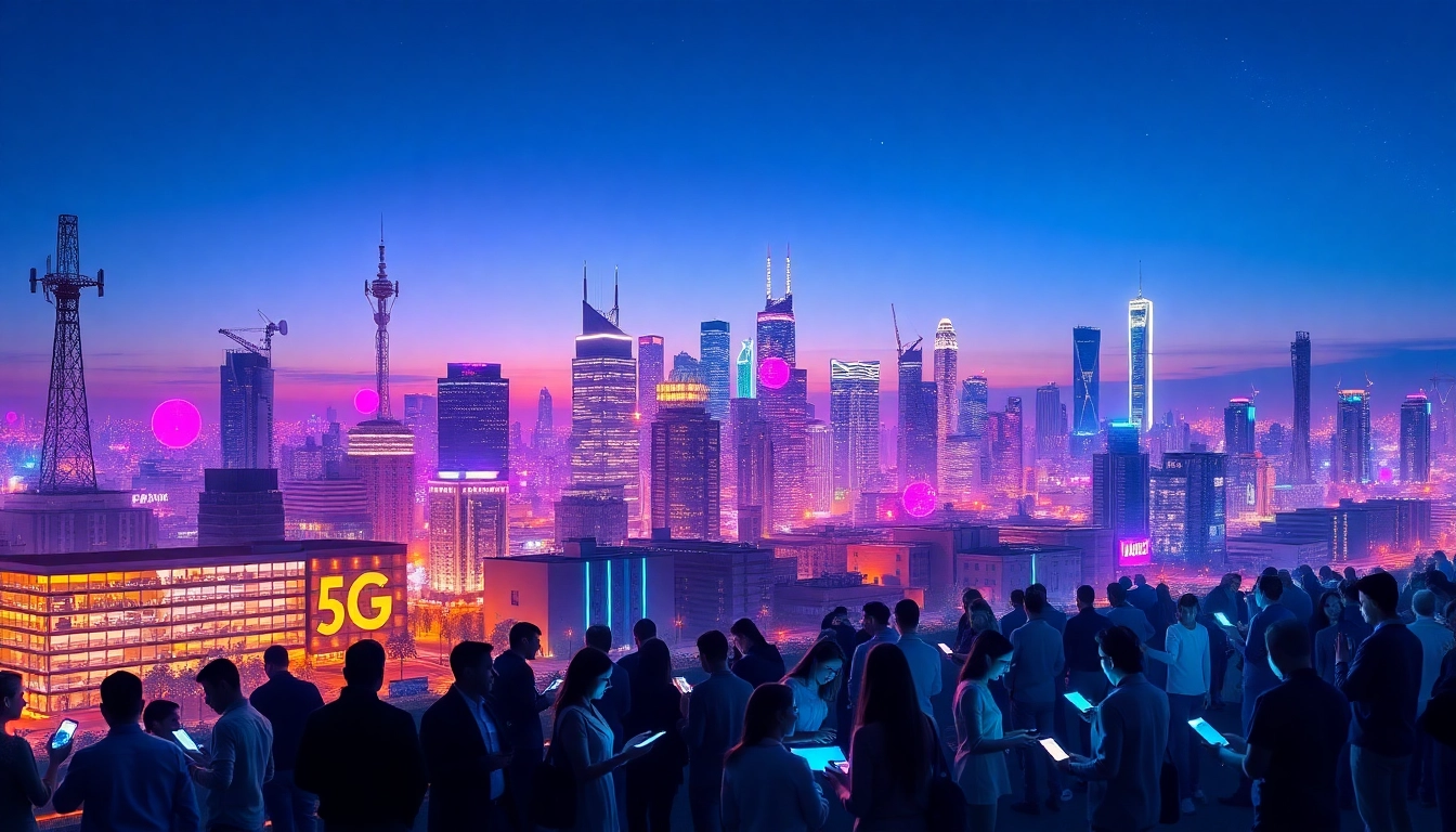 一個展示5G網絡的未來城市天際線，背景為黃昏時的燈光，前景有人們使用各種設備，強調5G技術的速度與效率。