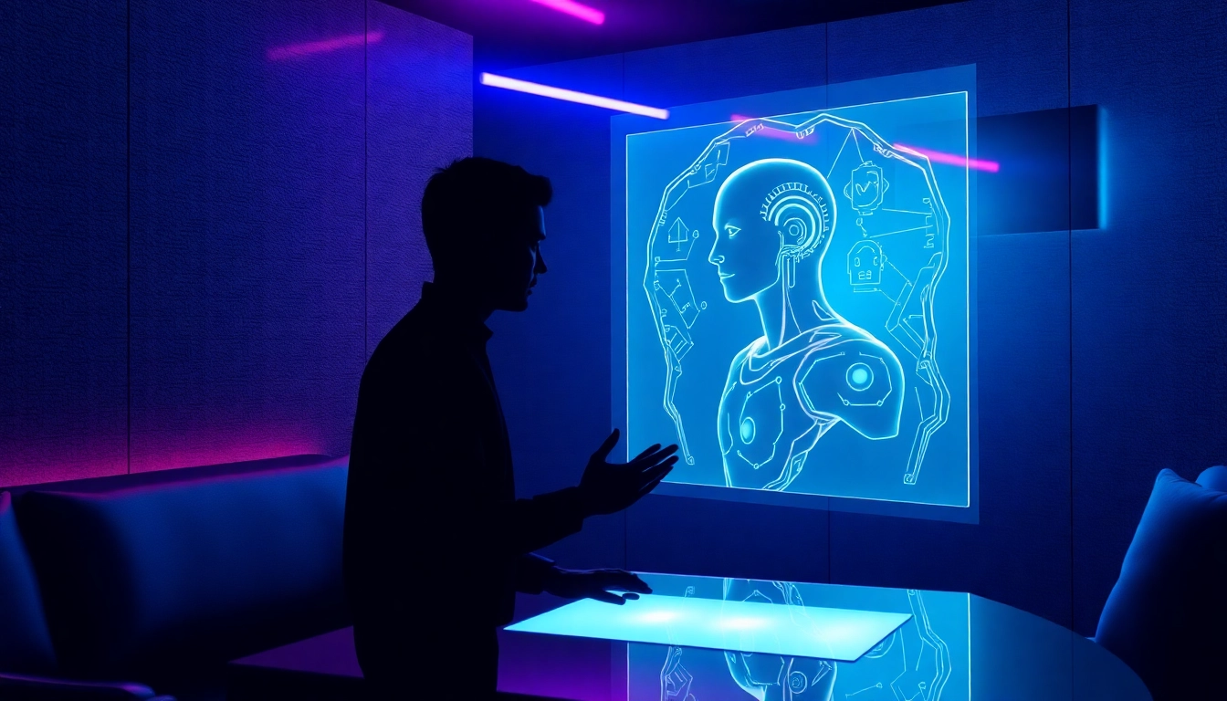 An illustration of a futuristic scene showing a human interacting with a holographic AI avatar in a dimly lit, high-tech room with neon accents.