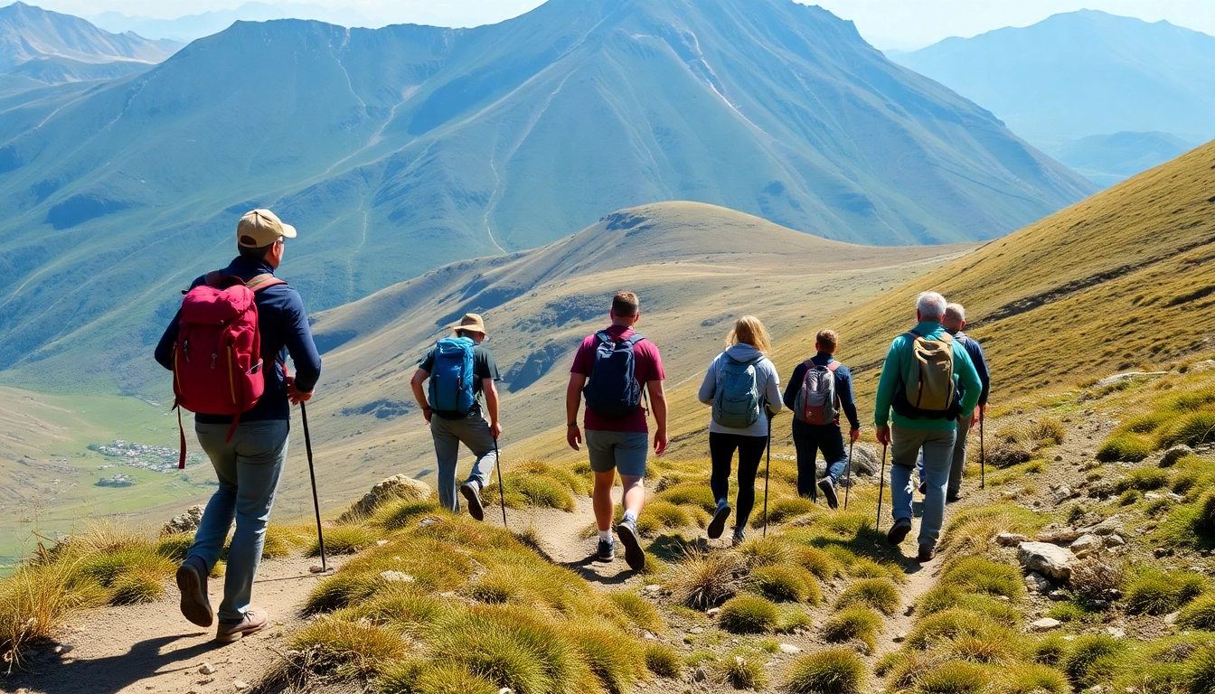 Guided trek through lush mountain landscapes with expert guide leading a small group of hikers on a scenic trail in nature.