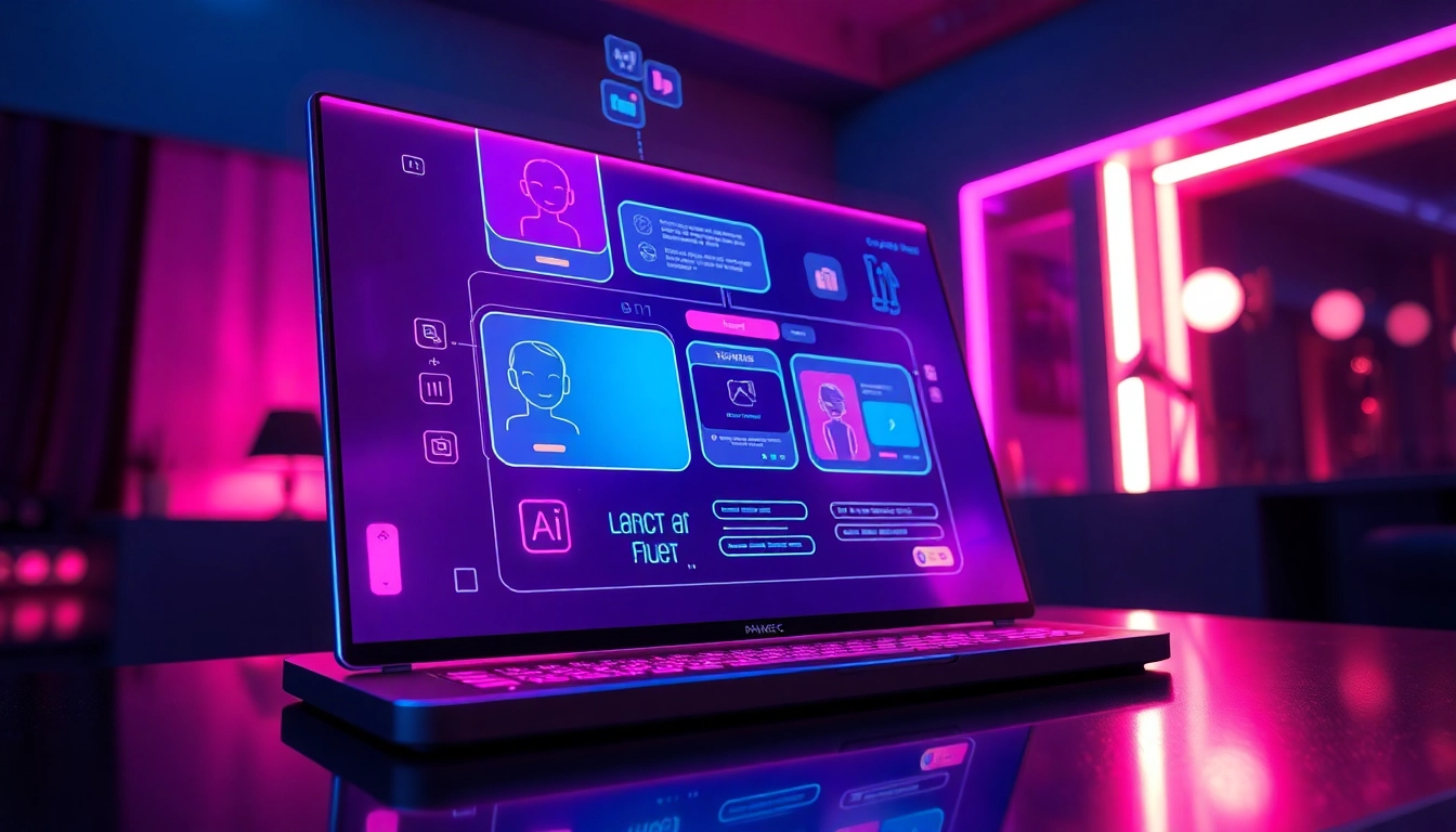 Futuristic AI interface with neon colors and holographic elements in a dimly lit modern setting.