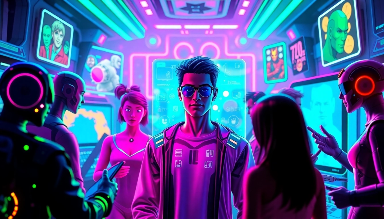 Futuristic virtual social media environment with avatars and AI characters engaging in lively interactions.