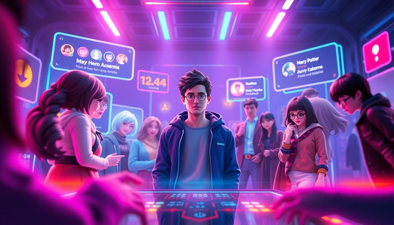 Futuristic digital scene of social media interaction with virtual fandom characters and user avatar