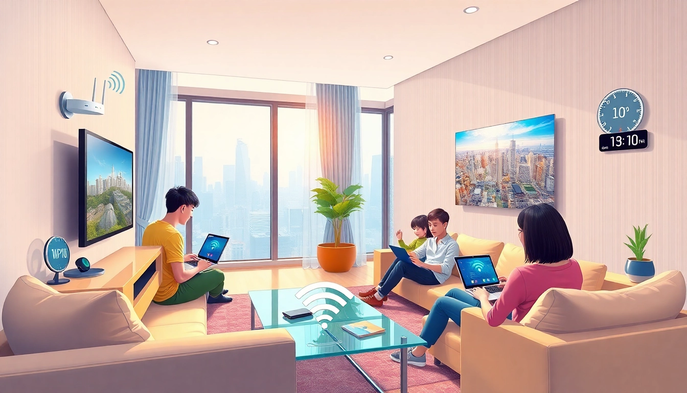 香港家庭客廳，展示高速寬頻連接與多設備使用場景，現代高科技風格，色彩鮮明，氛圍溫馨。