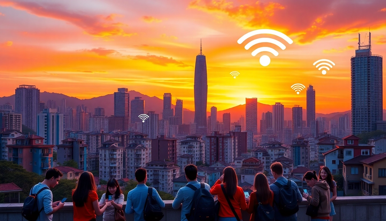 香港城市景觀，夕陽下的高樓大廈與村屋，象徵互聯網連接的生活場景。