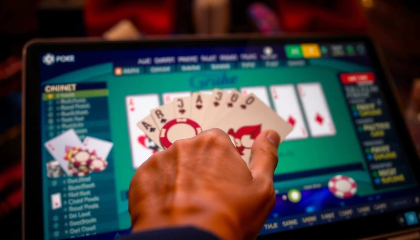 Clubgg poker online platform with players enjoying games, showcasing cards, chips, and engaging interface in a lively setting.