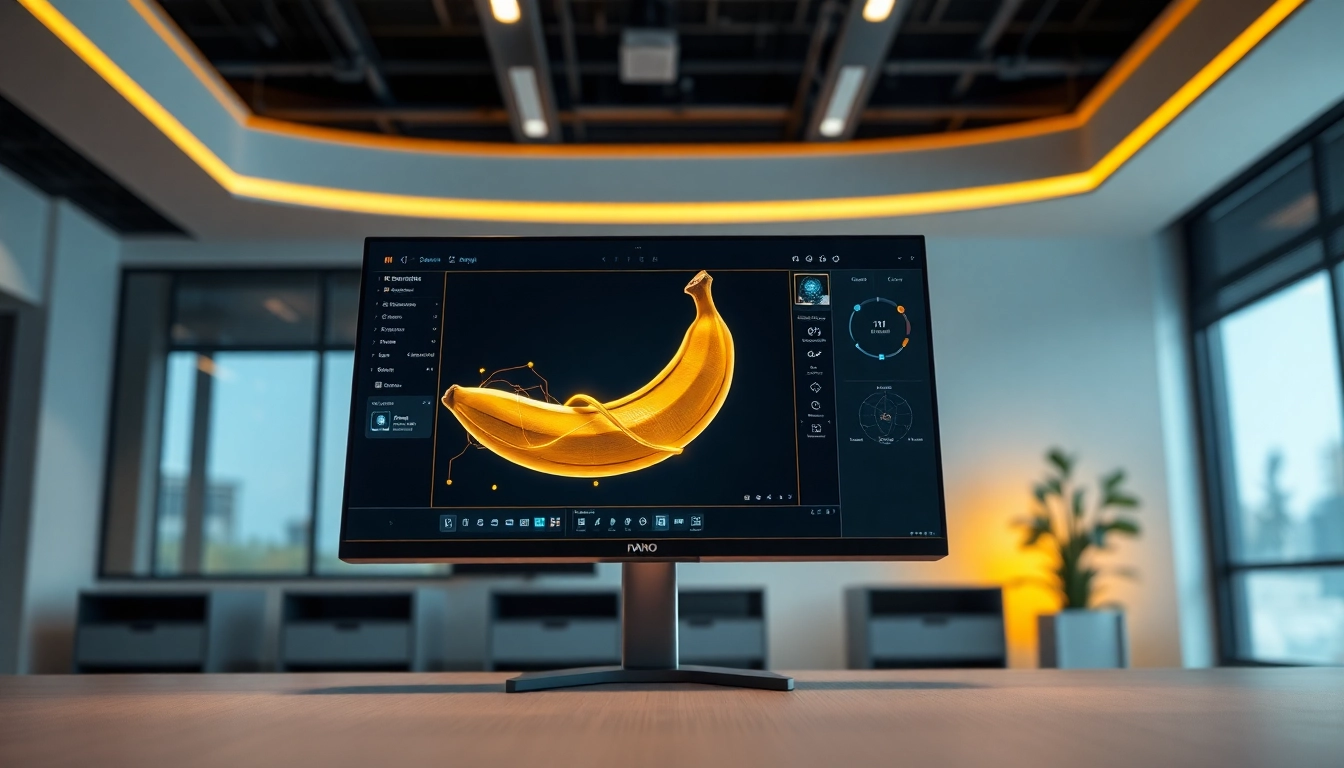 A futuristic workspace with a monitor displaying an AI-generated, textured banana image and advanced editing interface.