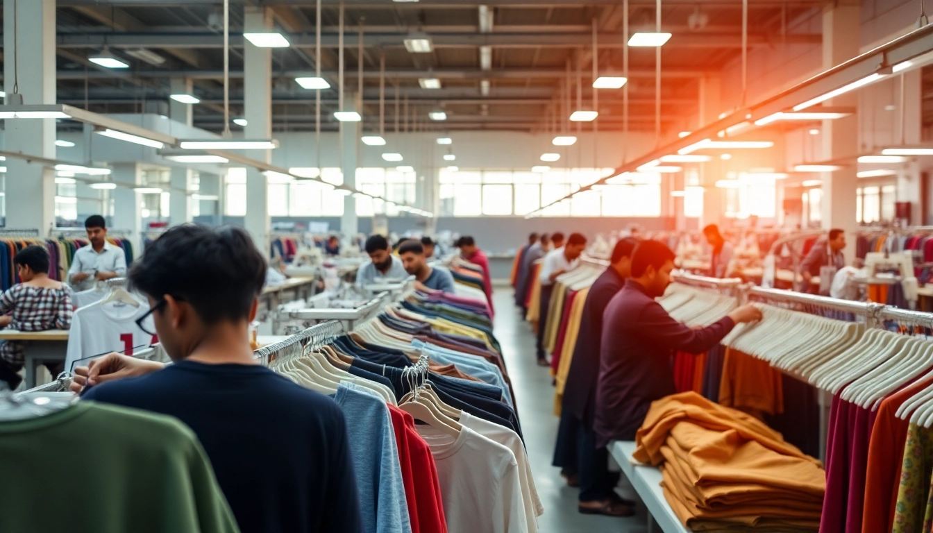 Efficient clothing factory in Sialkot showcasing workers assembling apparel on production lines with high-quality fabrics in a well-lit industrial environment for premium garment manufacturing.