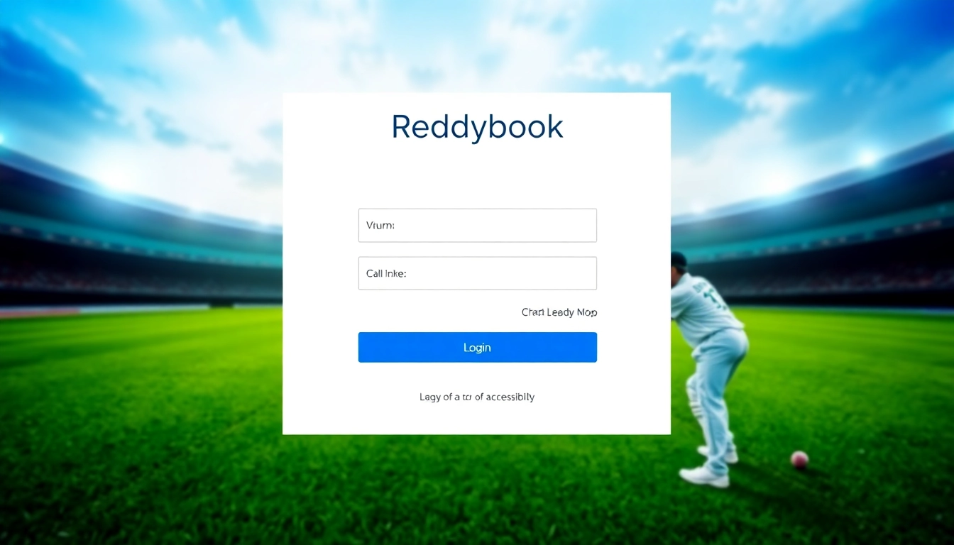 Reddybook login page showing secure login interface with mobile and username fields, cricket-themed background for users in India.