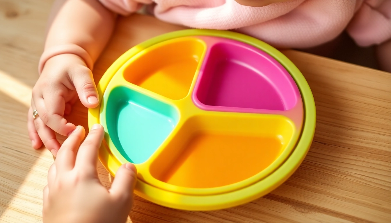 Piatto silicone divisorio 3 scomparti being used by a happy baby during mealtime in a bright kitchen
