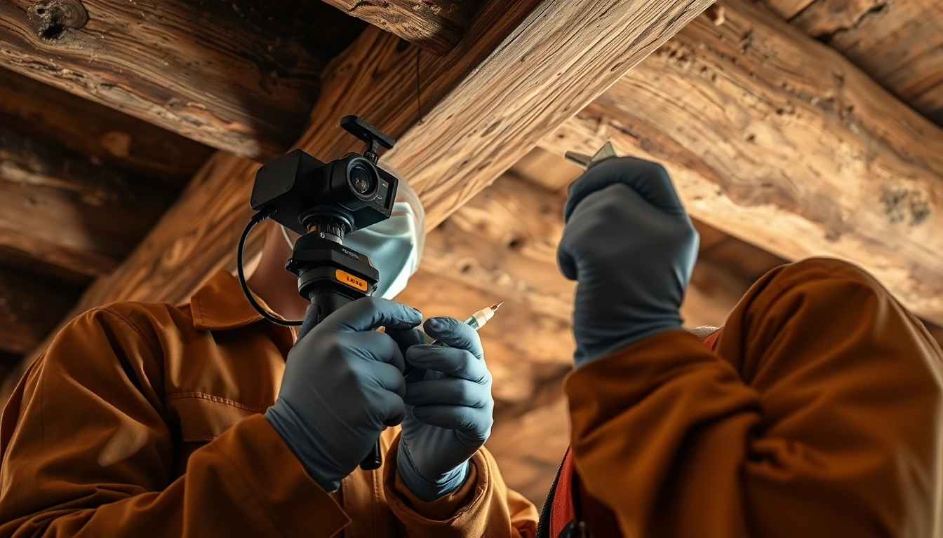 Technician performing woodworm treatment on wooden beams with specialized equipment in a historic building.