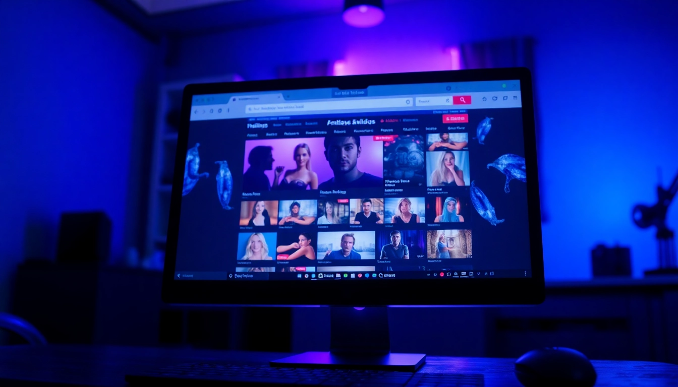 Close-up of a computer screen displaying an adult website with video thumbnails and navigation menus in a dimly lit room.