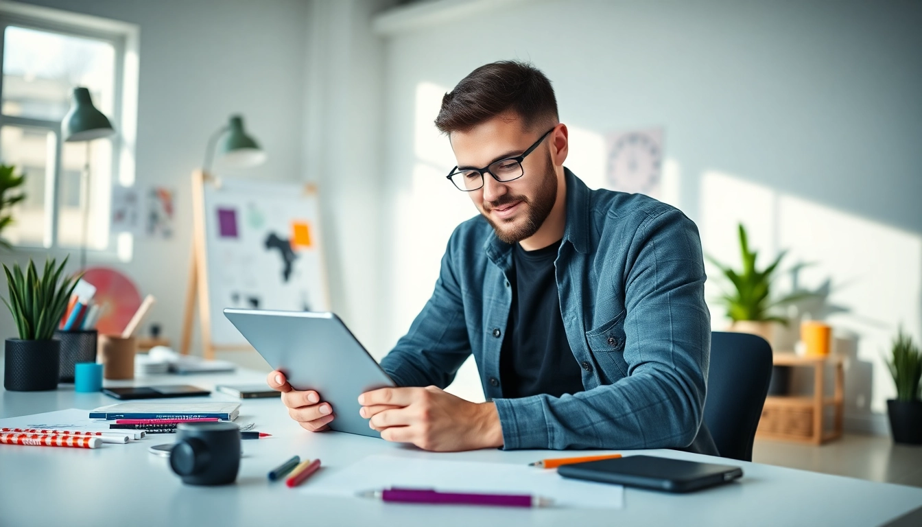 A freelance designer working on freelance design jobs France in a bright workspace with